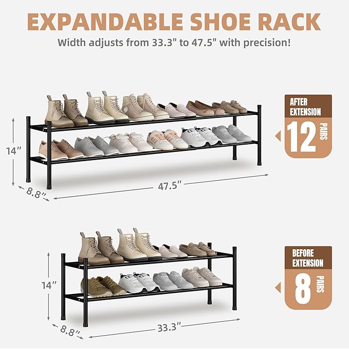 STORAGE MANIAC Long Expandable Shoe Rack, 12 Pairs Metal Wide Stackable Shoe - Image 2