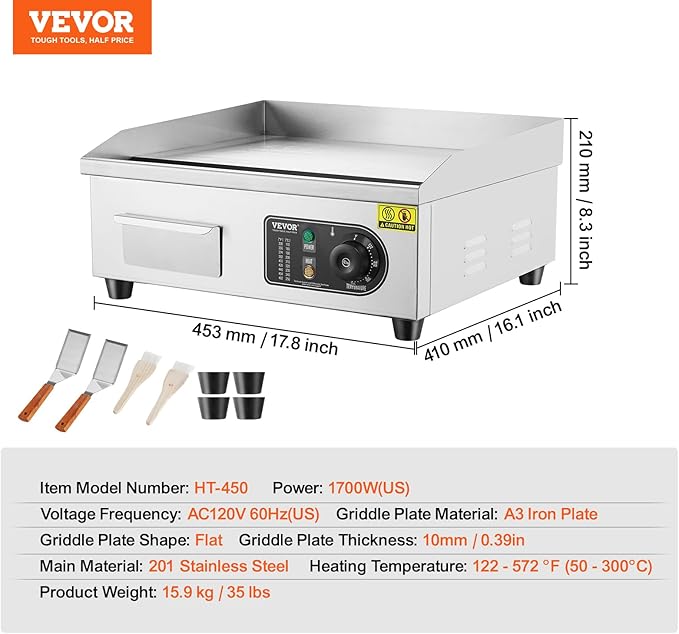 VEVOR Commercial Electric Griddle, 1700W Countertop Flat Top Grill, 18in - Image 7
