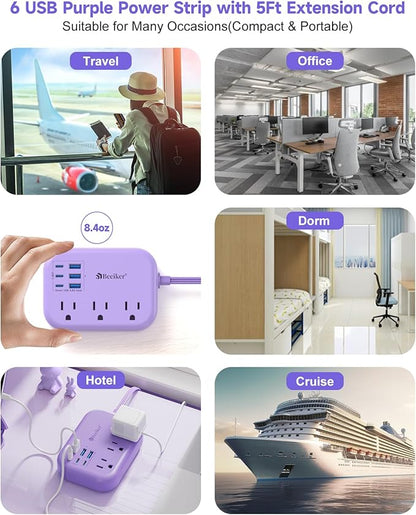 6 USB Purple Travel Power Strip- 5Ft Purple Extension Cord - Image 8