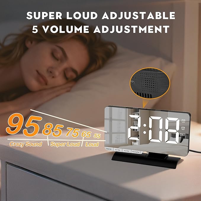 SZELAM Digital Clock, Alarm Clock Bedside, 7.3'' Large LED Mirror - Image 6