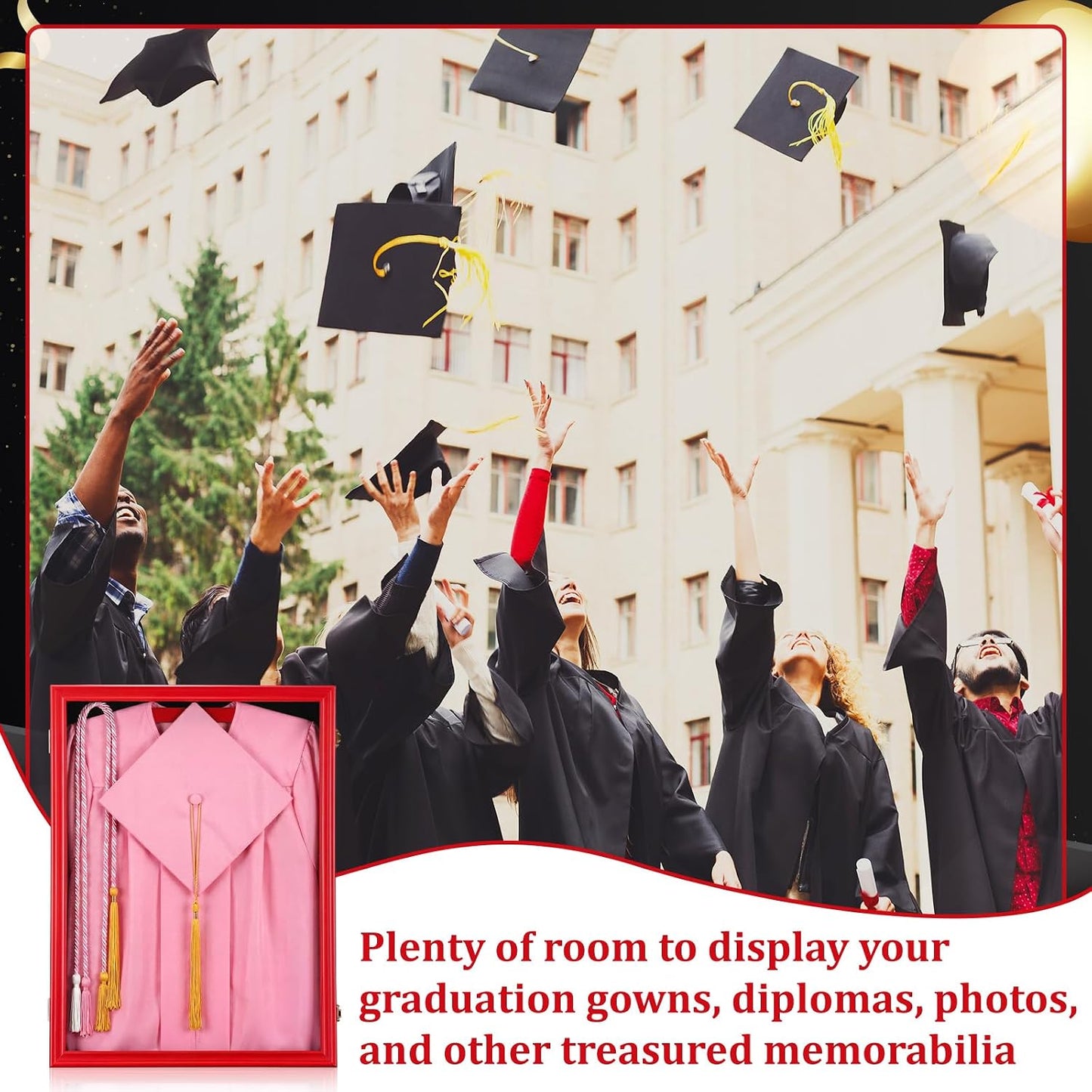 CroBlissful 1 Pcs 17"x23" Graduation Shadow Box Frame Large Wood Display Case with Stick Pins Hanging Hardware Graduation Gown Display Memory Shadow Box for Cap Gown Diploma Stole Cords (Red)