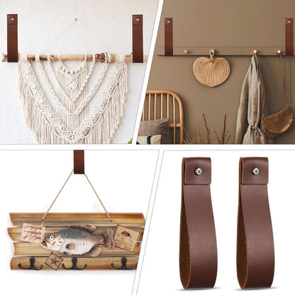 10pcs PU Leather Straps for Hanging Wall Hooks 1 x 4.7 Inches Curtain Rod Holder Leather Wall Hanging Strap with Screws Leathers Hook Lanyard for Bathroom Kitchen Walls Mounted Loop Towel Hook (Brown)
