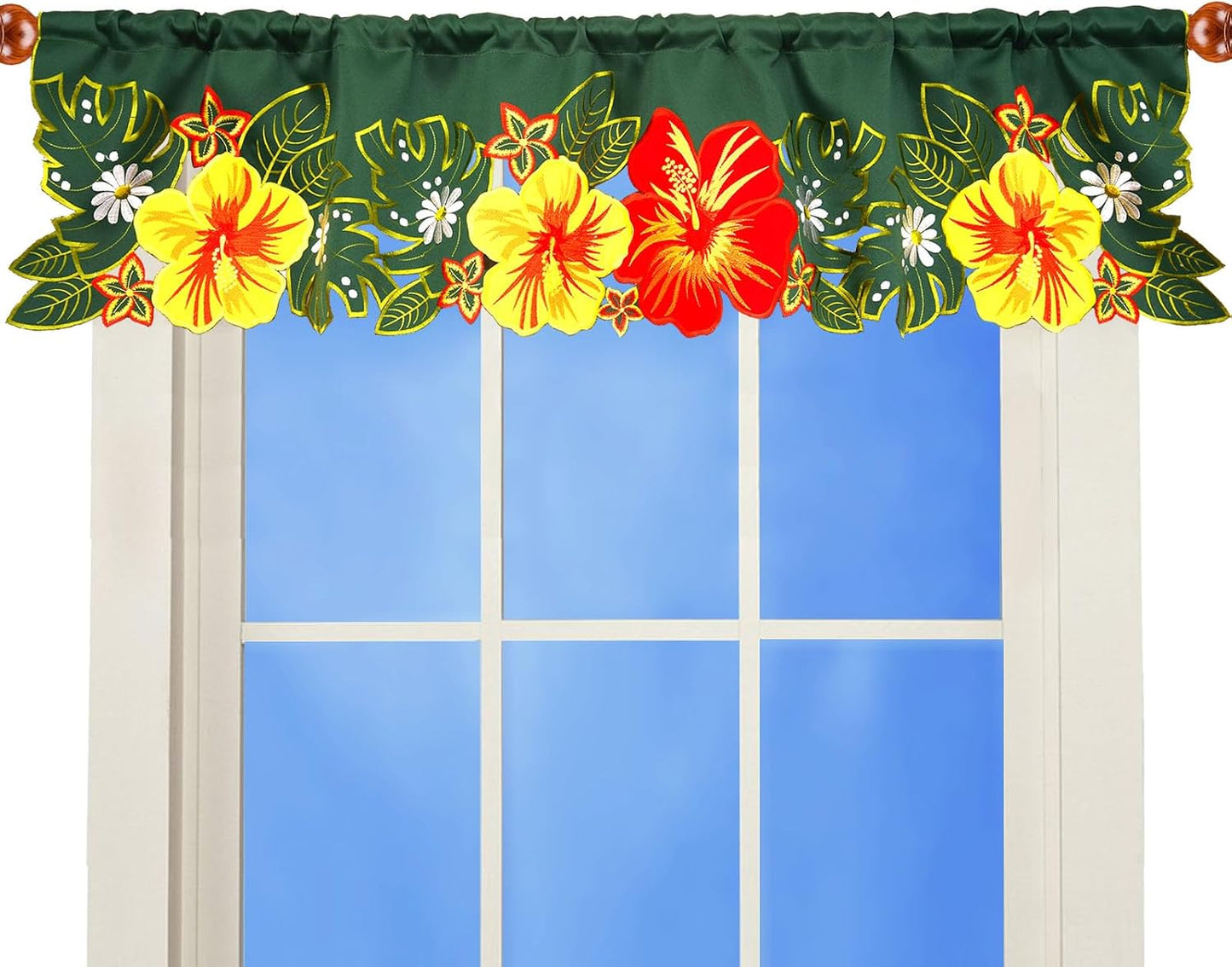 Embroidered Tropical Palm Leaves and Hibiscus Flower Curtain Valance W 57 × L 14 Inches for Hawaiian Luau, Paradise Jungle Beach Themed Party, Kitchen Window Decorations (Hibiscus)