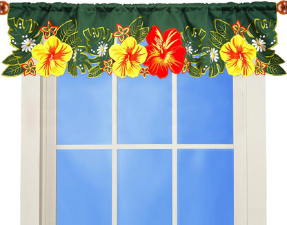 Embroidered Tropical Palm Leaves and Hibiscus Flower Curtain Valance W 57 × L 14 Inches for Hawaiian Luau, Paradise Jungle Beach Themed Party, Kitchen Window Decorations (Hibiscus)