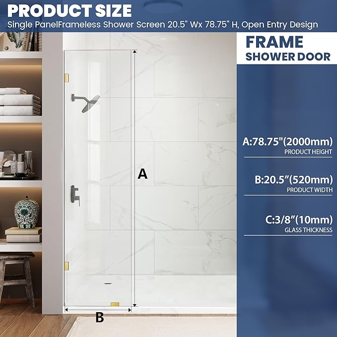 Shower Glass Panel 20.5" W×78.75" H, 3/8" Thick Clear Tempered Glass Panel - Image 2