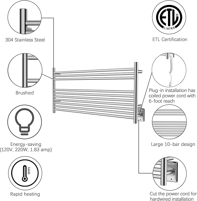 HEATGENE Towel Warmer 10 Bar Towel Dryer Wall-Mounted Plug-in Bath Towel Heater - Image 3