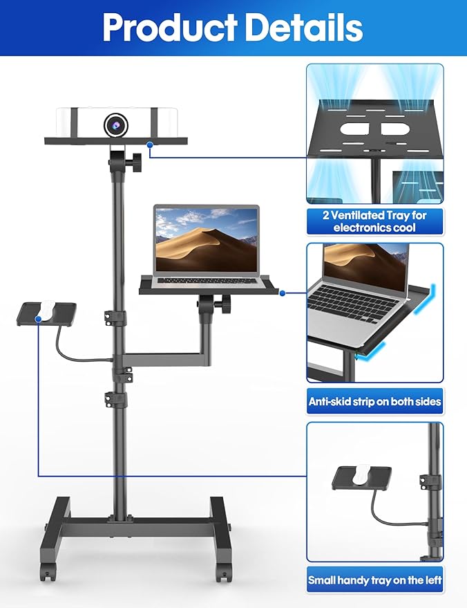 ORWOD Projector and Laptop Stand Tripod, 2 Shelves Mobile Laptop Tripod Stand - Image 5