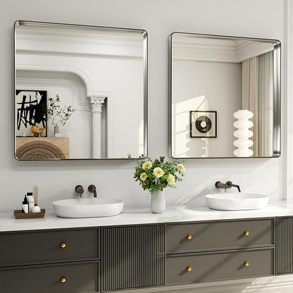 LOAAO 30X30 Inch Brushed Nickel Bathroom Mirror, Rounded Rectangle Silver Metal - Image 4