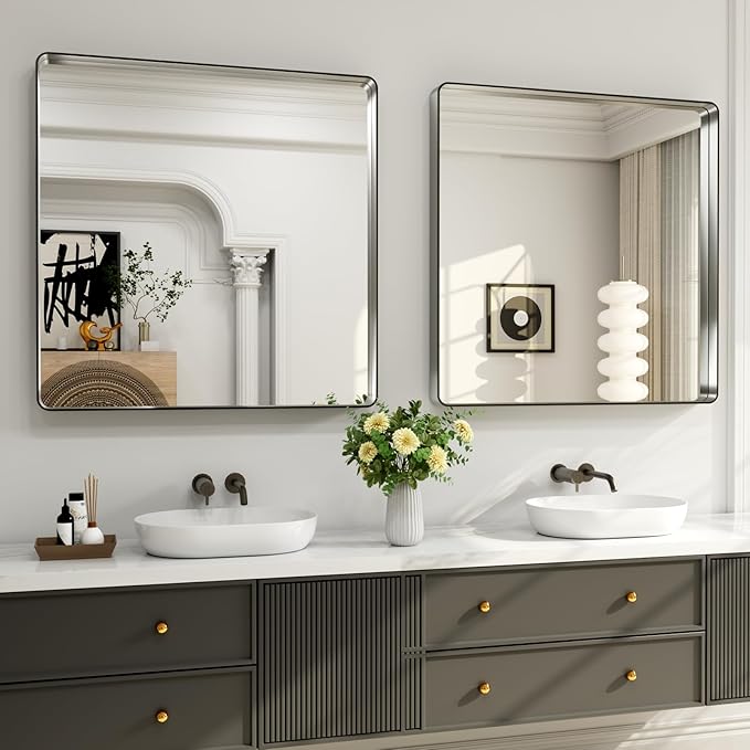 LOAAO 36X36 Inch Brushed Nickel Bathroom Mirror, Rounded Rectangle Silver Metal - Image 4