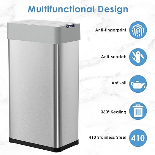 Arlopu 18.5 Gal Automatic Trash Can, 70L Stainless Steel Motion Sensor Garbage - Image 7
