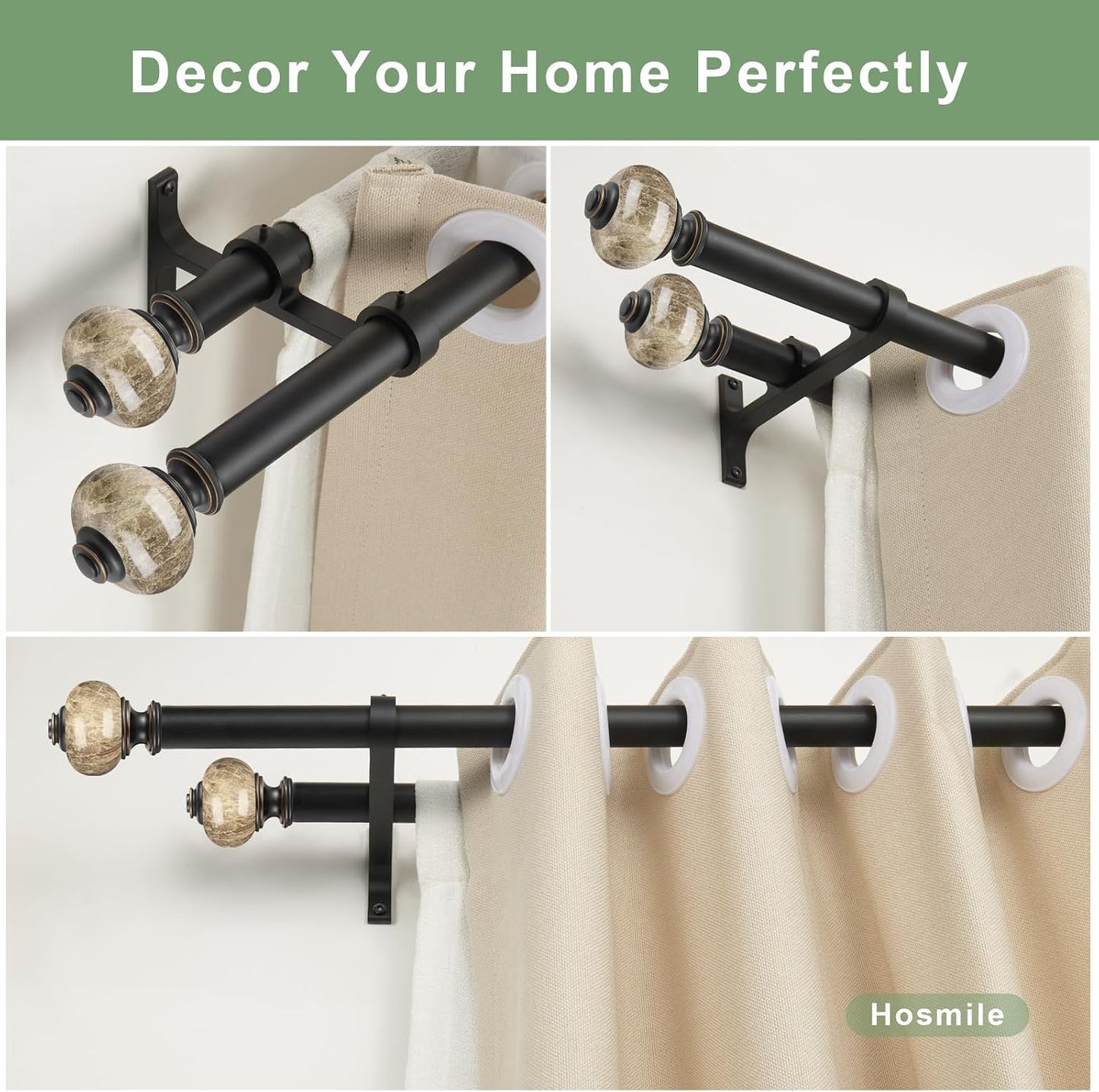 Double Curtain Rods for Window 72-144 Inch(6-12ft), Heavy Duty 1 Inch Front and 1 Inch Back Diameter Telescoping Drapery Rod with Resin Marbled Finials and Aluminum Alloy Brackets, Matte Black