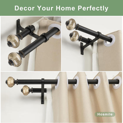 Double Curtain Rods for Window 72-144 Inch(6-12ft), Heavy Duty 1 Inch Front and 1 Inch Back Diameter Telescoping Drapery Rod with Resin Marbled Finials and Aluminum Alloy Brackets, Matte Black