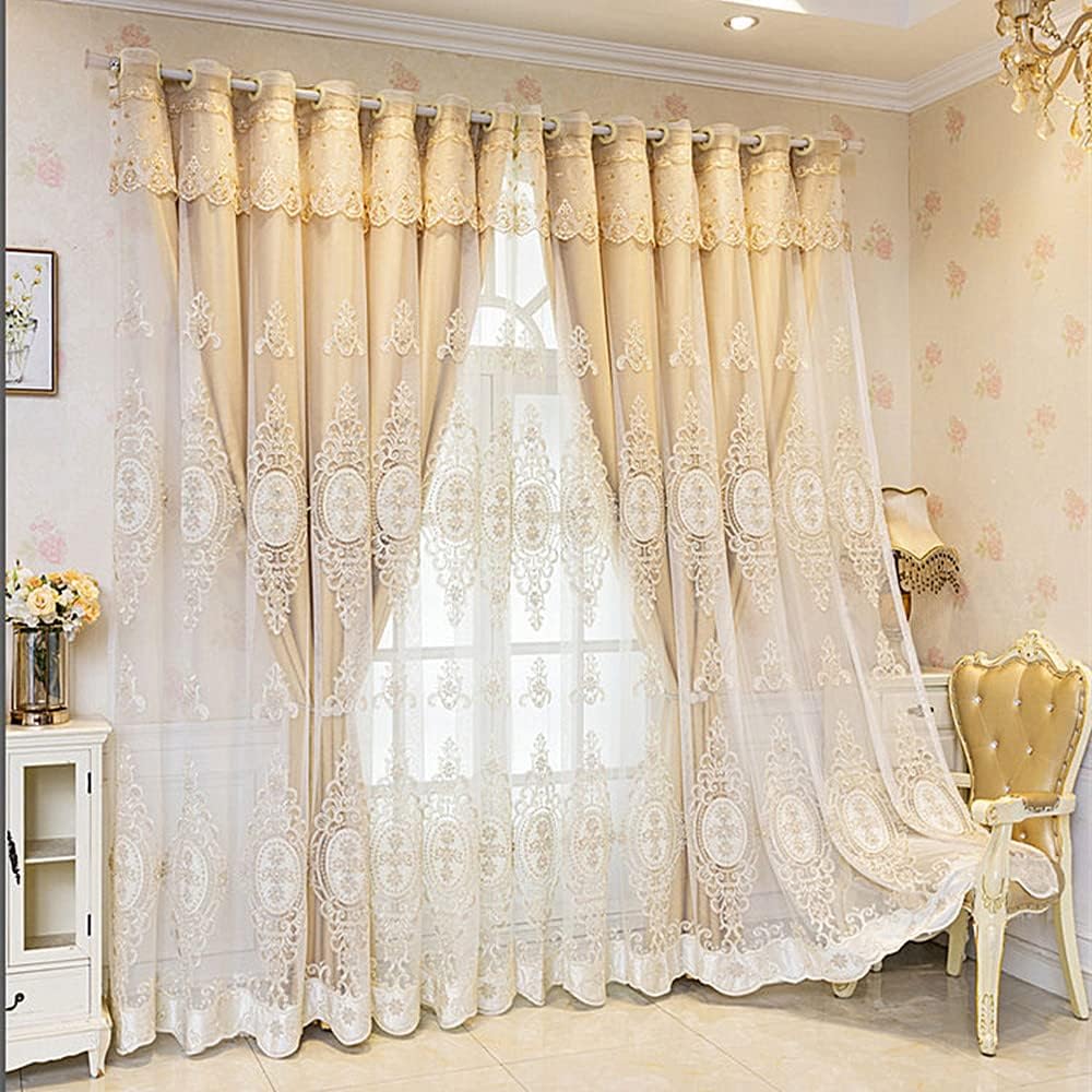 Amidoudou 1 Pair European Double Layer Curtains with Valances for Living Room Bedroom Luxury 3D Flower Embroidered Curtains (Yellow,52x84 Inch)