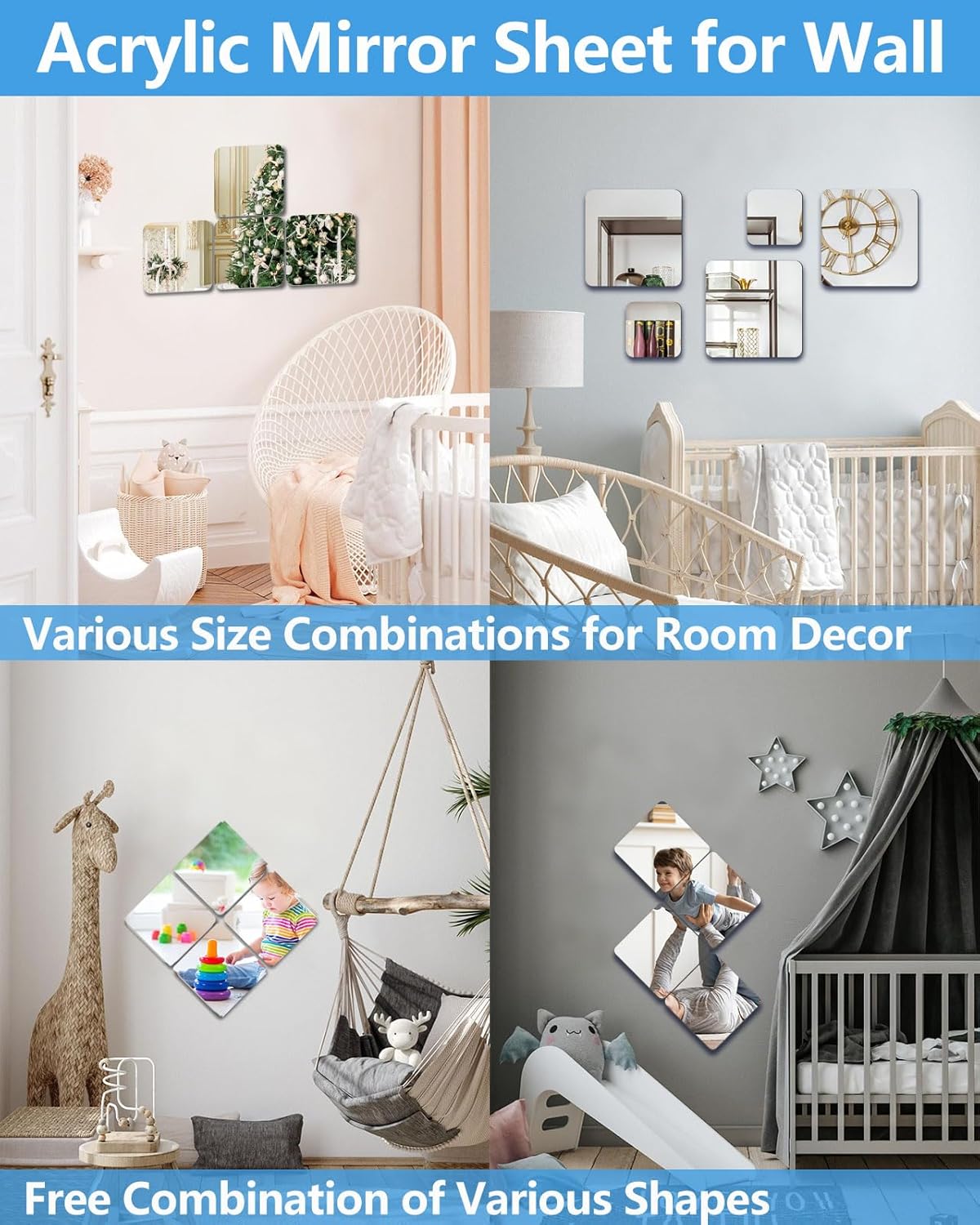 Unbreakable Mirror Tiles Self Adhesive,Toddler Mirror for Classroom Decor,Peel and Stick On Small Mirrors for Wall Decor,Shatterproof Plastic Mirrors Stickers for Kids Decorative 4PCS 8.02''x8.02''