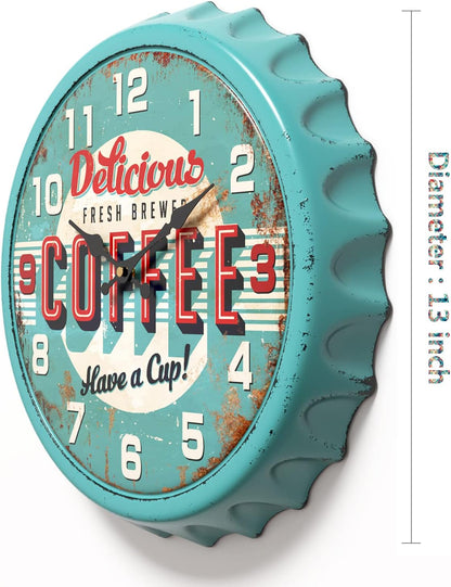 Menterry Bottle Cap Design Iron Retro Wall Clock,13" Blue Vintage Style | Silent Non-Ticking Battery Operated Creative Antique Decor Wall Clocks for Cafes,Farmhouse,Office,Kitchen