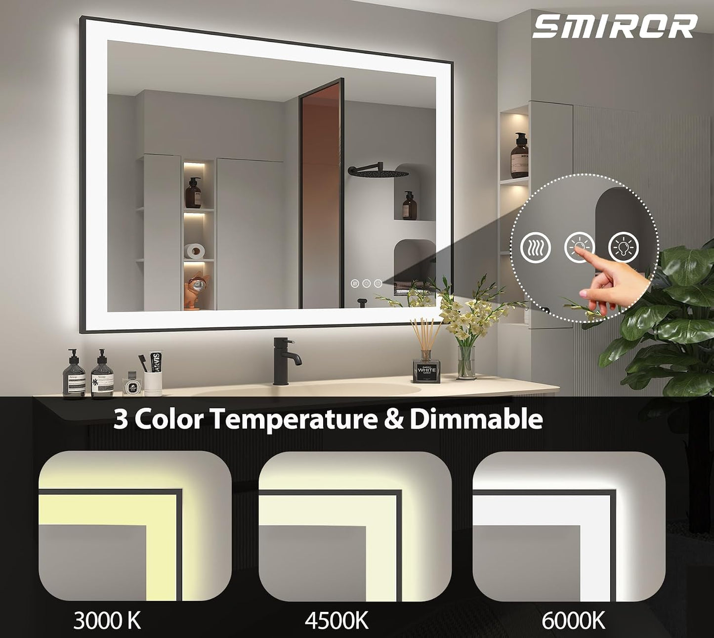 SMIROR 44x30 Black Framed LED Lighted Bathroom Vanity Mirror for Wall | Front Lit and Backlit, 3 Color Lighting, Anti-Fog, Memory, Tempered Glass, Rectangle, Horizontal/ Vertical Mounted