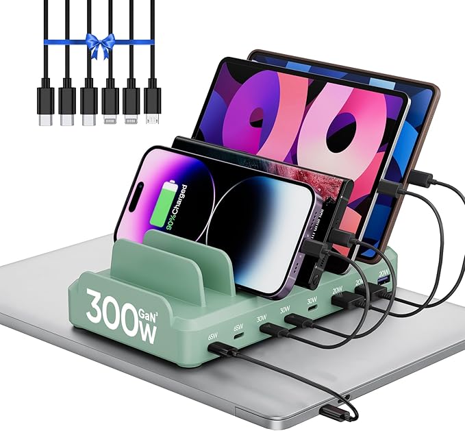 300W Charging Station for Multiple Devices, 8 Port Multi USB C Fast Charger by LcssioChargeFaster