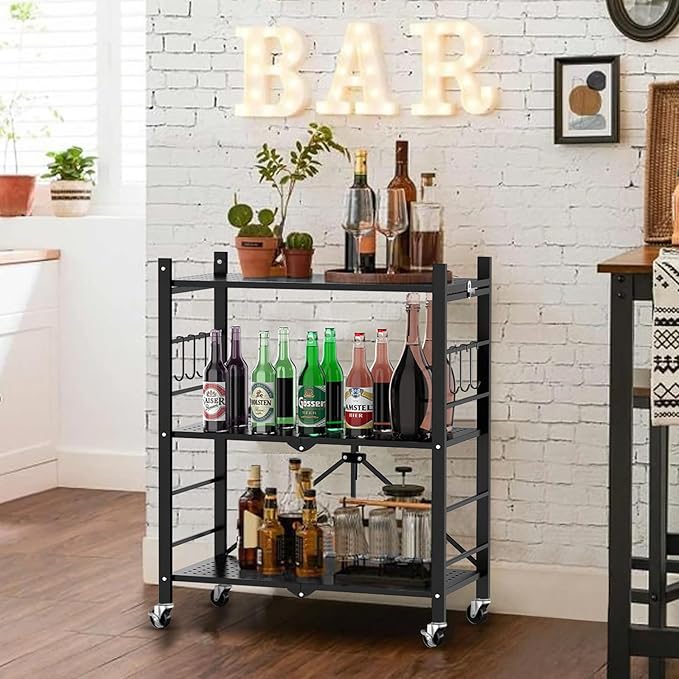 Himix Storage Shelves with 6 Hooks, 3 Tier Foldable Shelf with Wheels, Metal - Image 2