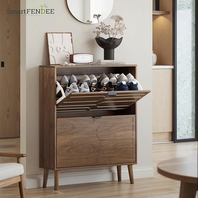 Shoe Cabinet with 2 Flip Drawers, Freestanding Shoe Storage Cabinet with Fluted - Image 5