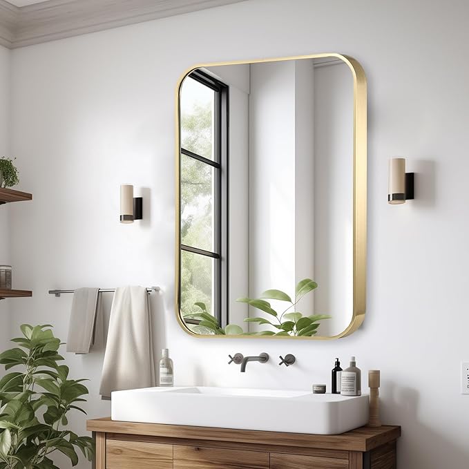 30x36 Inch Gold Bathroom Mirror, Brushed Gold Metal Framed Rectangular Mirror - Image 8
