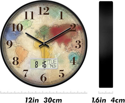 Modern Round Retro Digital and Analog Wall Clock Silent Calendar Colorful World - Image 6