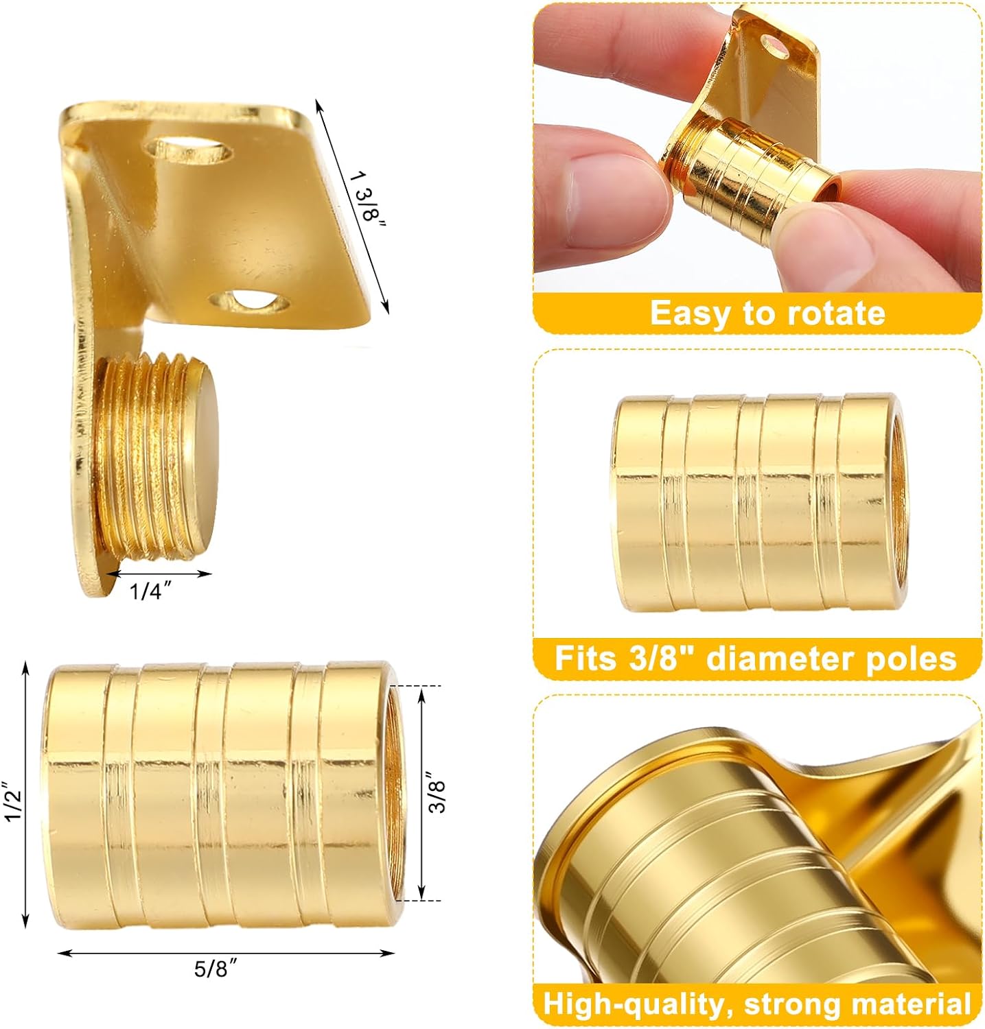 4 Pcs Outside Mount Curtain Rod Bracket 3/8" Brass Bracket Set for 3/8" Rodding (Gold)