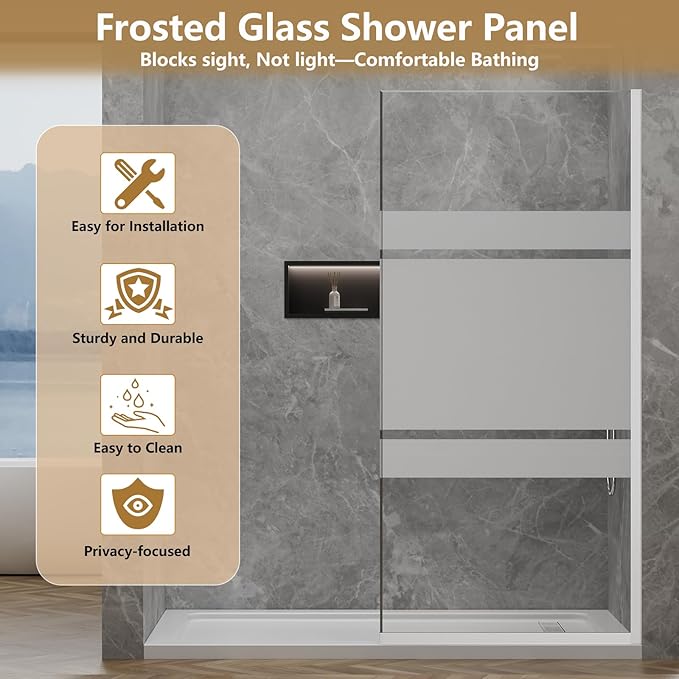 36"x76" Fixed Glass Shower Door, 3/8" Thick Mid-Band Frosted Privacy Tempered - Image 5