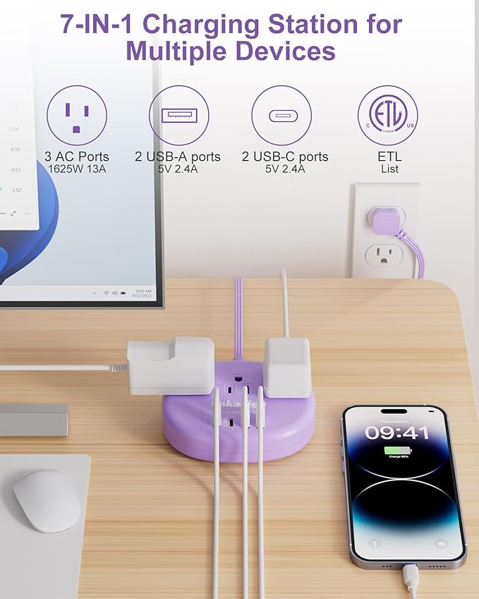 Purple Extension Cord with Surge Protected 1080J - 5 FT Flat Power Strip - Image 5