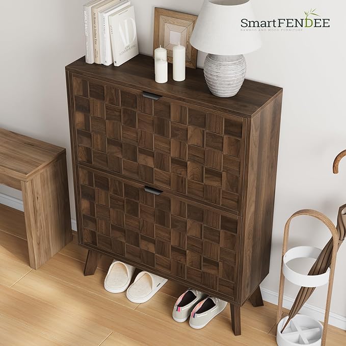 29.5“W Shoe Cabinet with 2 Embossed Checkerboard Pattern Flip Drawers, - Image 9
