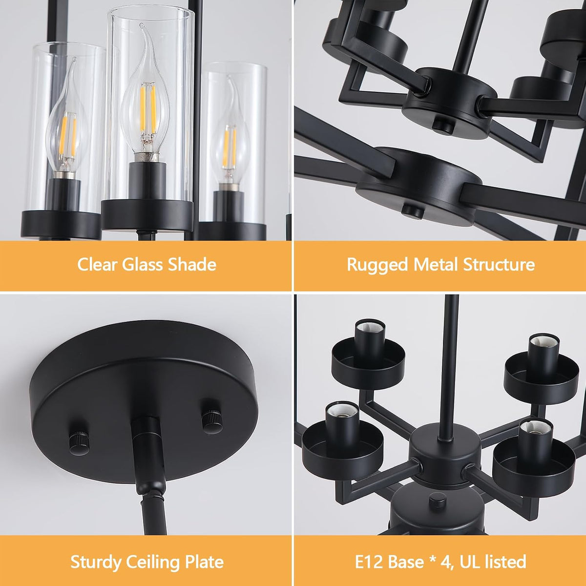 Black Chandeliers for Dining Room, 4-Light Entryway Chandelier for Foyer, 15....
