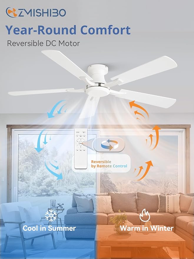 ZMISHIBO 52 Inch Ceiling Fan No Light, Flush Mount Low Profile, Modern White - Image 5