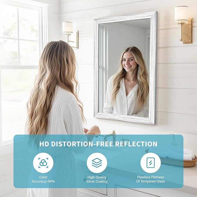 White Wood Effect Framed Wall Mirror, 20x30 Rectangle Mirror, 1/8" - Image 3