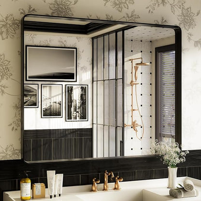 ISKM Black Bathroom Mirror for Wall 48" x 40" Matte Black Framed Vanity Mirror by ISKM-IStillKeepMovin