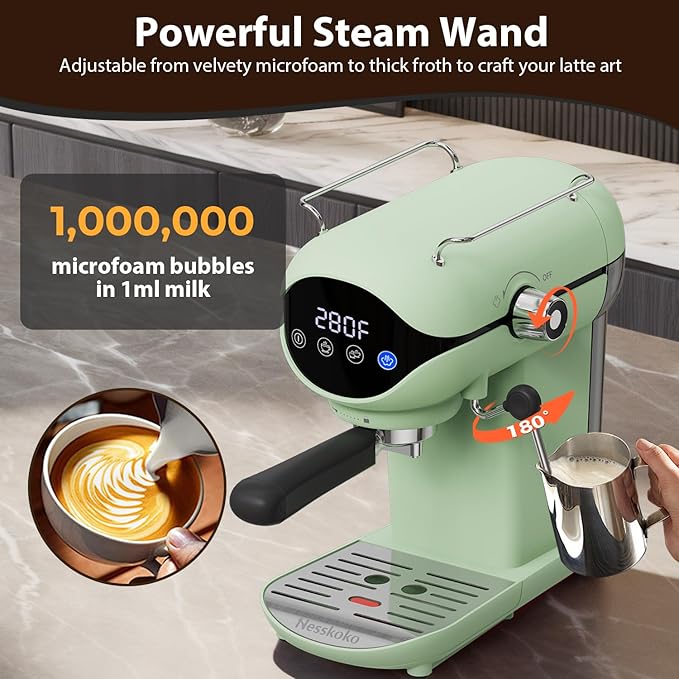 Espresso Machine with Steam Milk Frother Semi Automatic 20 Bar Compact Green - Image 4