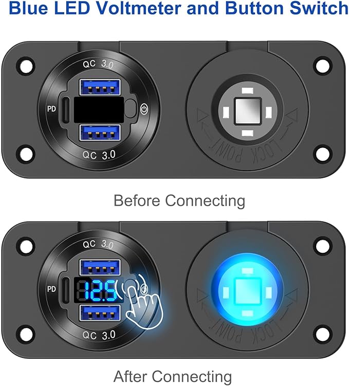 12V USB Outlet Marine Switch Panel Plug, PD3.0 and Dual QC3.0 USB Ports - Image 4