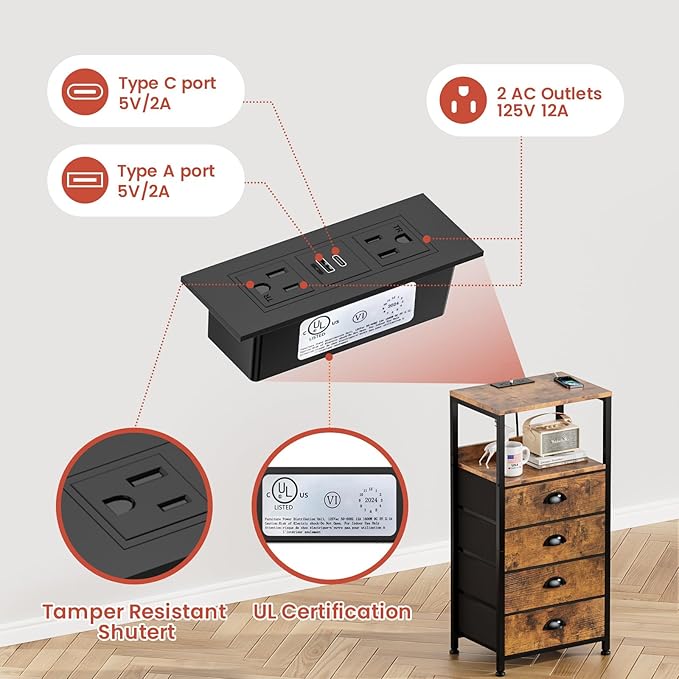Night Stand with Charging Station & Voice Control LED Night Light, 4 Drawers - Image 5