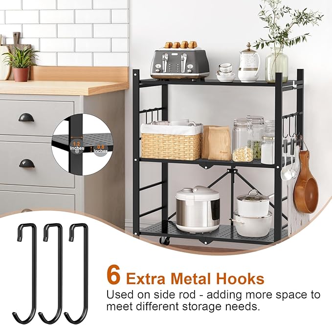 Himix Storage Shelves with 6 Hooks, 3 Tier Foldable Shelf with Wheels, Metal - Image 6