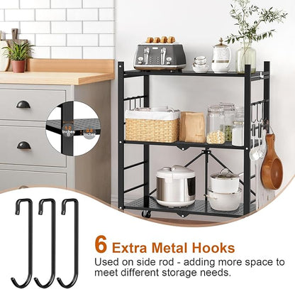Himix Storage Shelves with 6 Hooks, 3 Tier Foldable Shelf with Wheels, Metal - Image 6