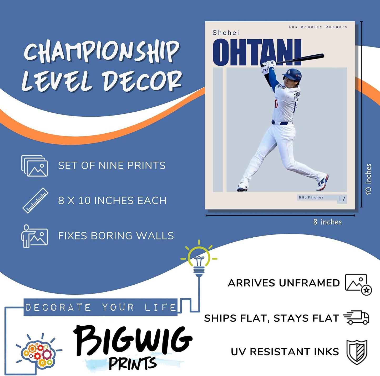 BigWig Prints LA Dodgers Baseball Player Posters, Set of 12, 8x10 in | Includes 12 Dodgers Player Portraits, Great Gift for Baseball Fans, Ideal for Game Day Party Decorations, Unframed