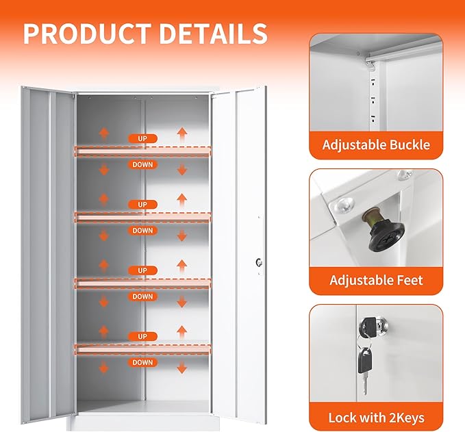 Metal Storage Cabinet with Adjustable Shelves, Garage Tool Cabinet with 2 - Image 4