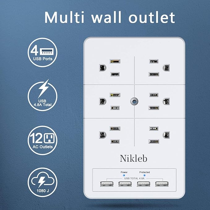Surge Protector Nikleb 2-Pack, Wall Charger Box Multiports Total 4.8A, - Image 2