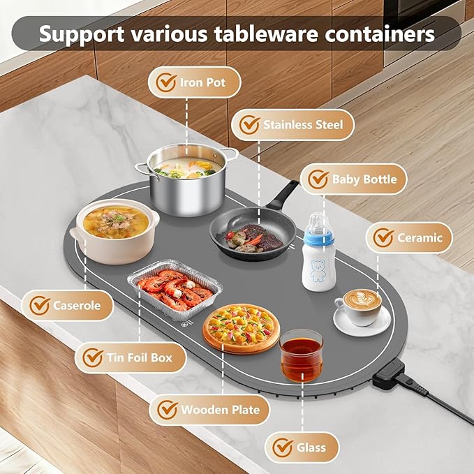 Warming Mat for Food with Adjustable Temperature Timer, 10S Fast Heating - Image 4