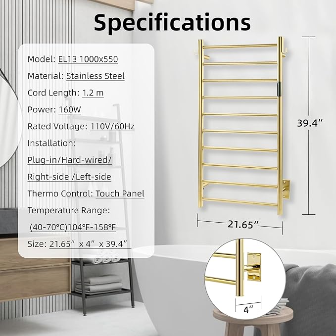 P&Bhusri Polished Gold Heated Towel Rack, 21.65" L x 39.4" H 10-bar Fast Dry - Image 6