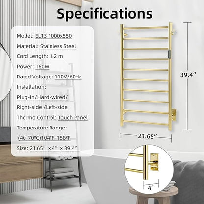 P&Bhusri Polished Gold Heated Towel Rack, 21.65" L x 39.4" H 10-bar Fast Dry - Image 6
