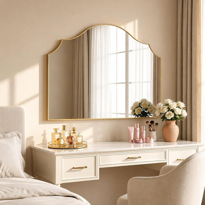 26"x35" Gold Arched Wall Mirror, Decorative Mirror | Modern Minimalist, Wall Mounted Wooden Frame For Bathroom, Vanity, Living Room, Bedroom, Hallway, Fireplace, Dresser
