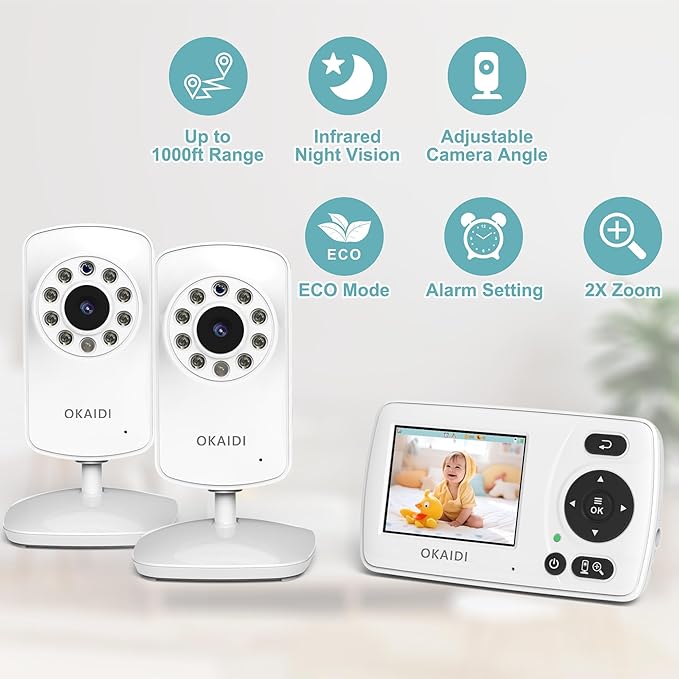 OKAIDI Video Baby Monitor with 2 Cameras, 2.4'' Portable Travel Screen - Image 2