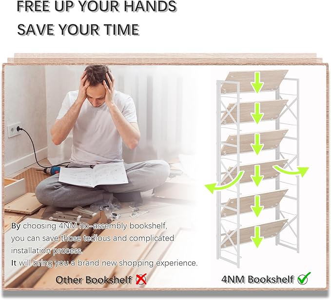 4NM 6 Tiers No Assembly Book Shelves, 61.8" H Folding Bookshelf Bookcase Open - Image 7