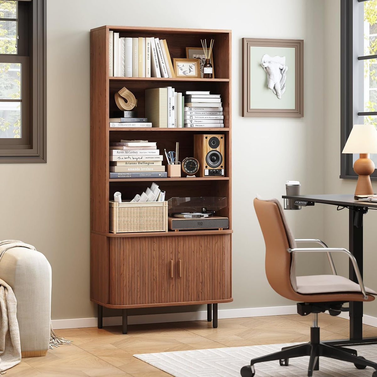 ONBRILL 71" T Bookshelf with Sliding Door, 31.5" W Bookcase Storage...