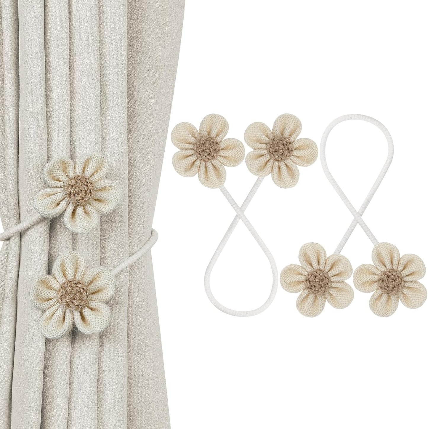 KLOGTSIND Flower Curtain Tiebacks, Decorative Curtain Holdbacks No Drill | 2 Pack Boho Curtain Ties, Elegant Curtain Holders Twist Tie Backs for Bedroom Decor, Nursery Decor, Farmhouse Decor