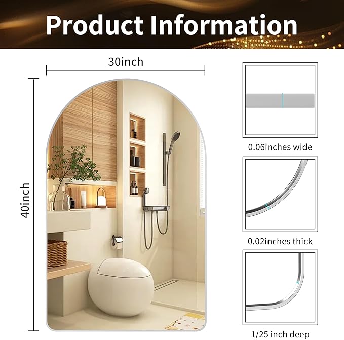30x40 inch Silver Tempered Glass Large Arched Mirror - Image 2